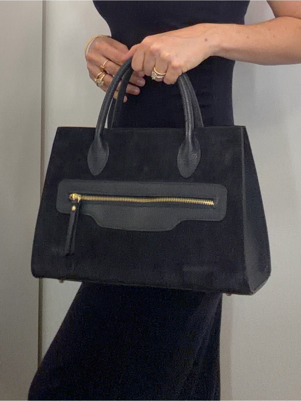 Classic Navy Suede Top-Handle Tote